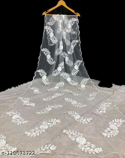Embroidered Punjabi Net Botanical Sewing & Embroidery (White, Free Size)