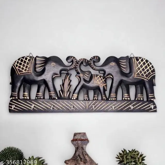 Wooden Elephant Theme Key Holder, Black