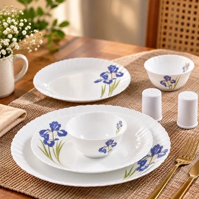 Cello Dazzle Blue iris Dinner Set 20 Pcs | Set of 20 | Microwave & Dishwasher Safe | Chip-Resistant Opalware | Lightweight & Bone-Ash Free