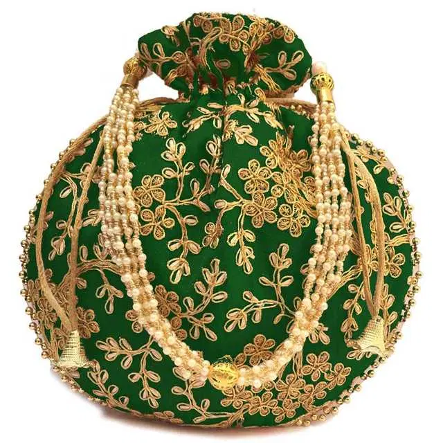 Cotton Silk Ethnic & Traditional Handheld Potli for Women, Dark Green, A-36