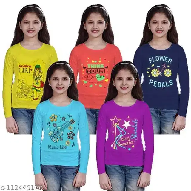 Cotton Full Sleeves T-Shirt for Girls, Pack of 5 (Multicolor, 3-4 Years)