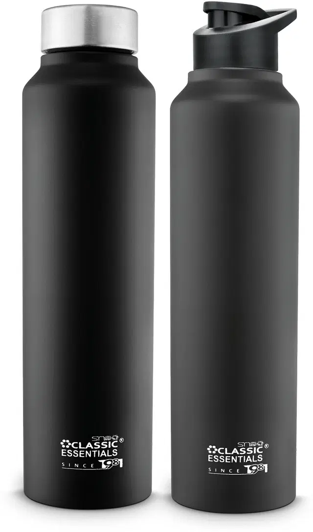 Stainless Steel Water Bottles, Black, 1000 ml, Pack of 2