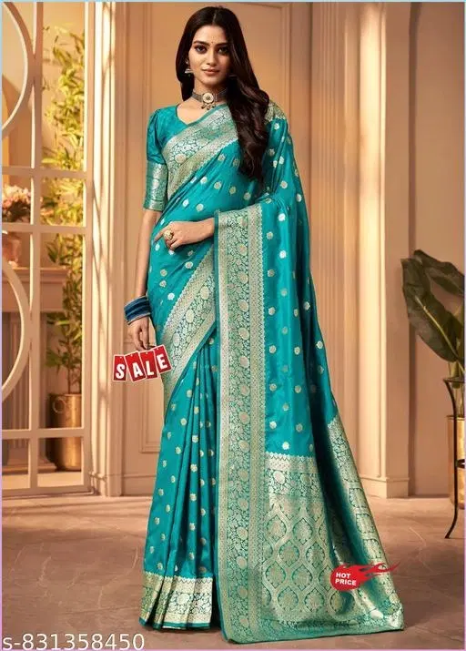 Zari Woven Kanjeevaram Saree for Women (Blue, Free Size)