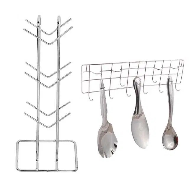 Stainless Steel Cup Stand Cup Holder & Wall Mounted Ladle Stand Hook Rail For Kitchen, Set of 2, OC-007