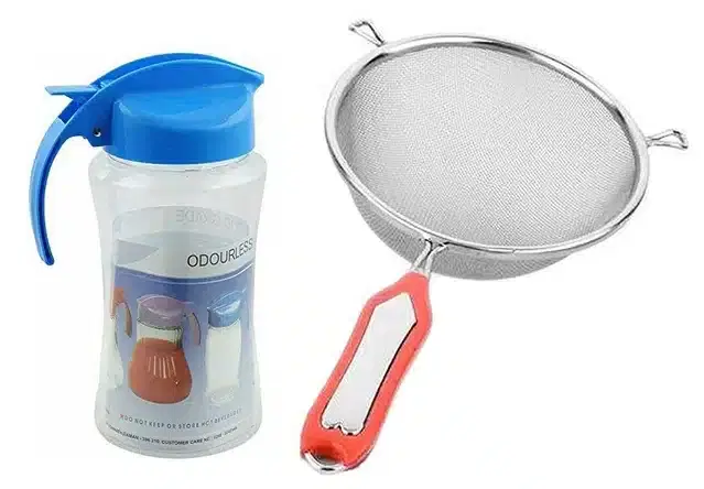 Plastic Leak Proof Oil Storage Container, 1000 ml with Strainer, Multicolor, Set of 2