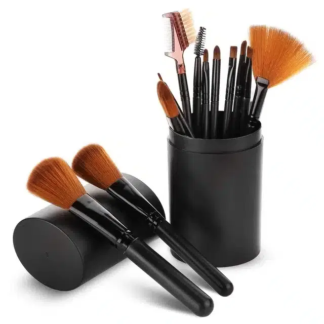 Face & Eye Makeup Brush with Storage Box, Black, Pack of 12