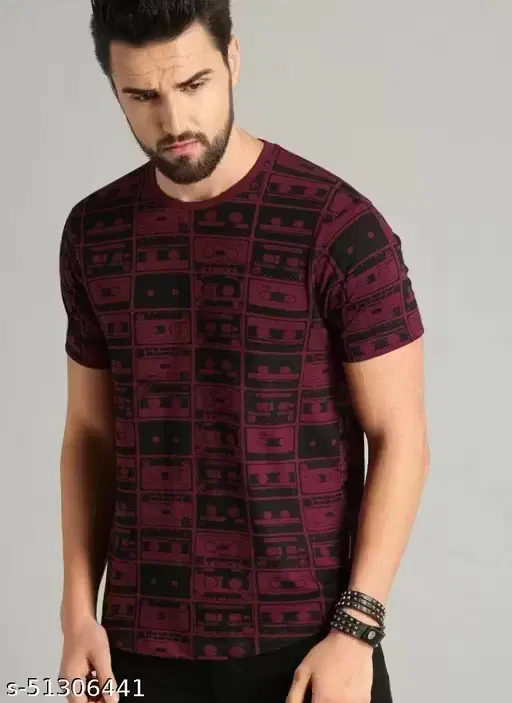 Round Neck Polyester Printed T-shirt for Men, Maroon (M)