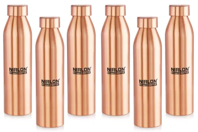 Nirlon Copper Tamba Bottle With Advanced Leaf Proof Protection/Joint Less, Ayurveda And Yoga Health Benefits For Everyday Use, Vedic 950Ml, Set Of 6
