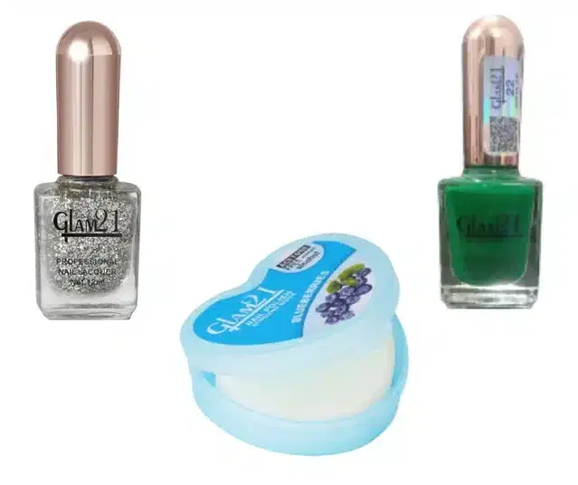 Glam21 2 Pcs Nail Polish with Nail Polish Remover Wipes, Green & Silver, Set of 3