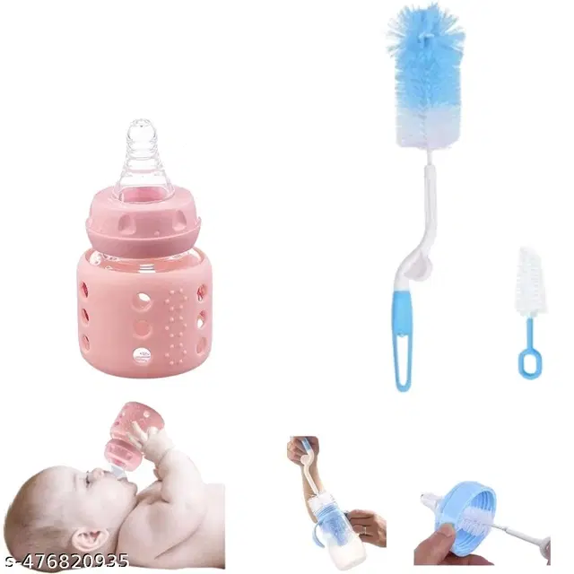 Combo of Milk Bottle, 60 ml with Bottle & Nipple Cleaning Brushes, Multicolor, Set of 3