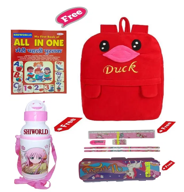 Combo of Kids Cartoon Bag Backpack, All In One Book, Water Bottle & Gift Set Geometry Set, Multicolor, Set of 1