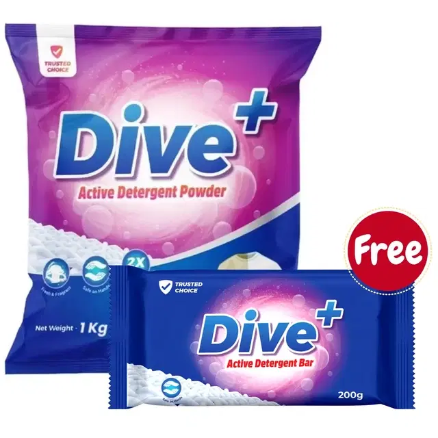 Dive+ Active Detergent Powder 1 Kg + Dive+ Detergent Bar 200 g (Free)