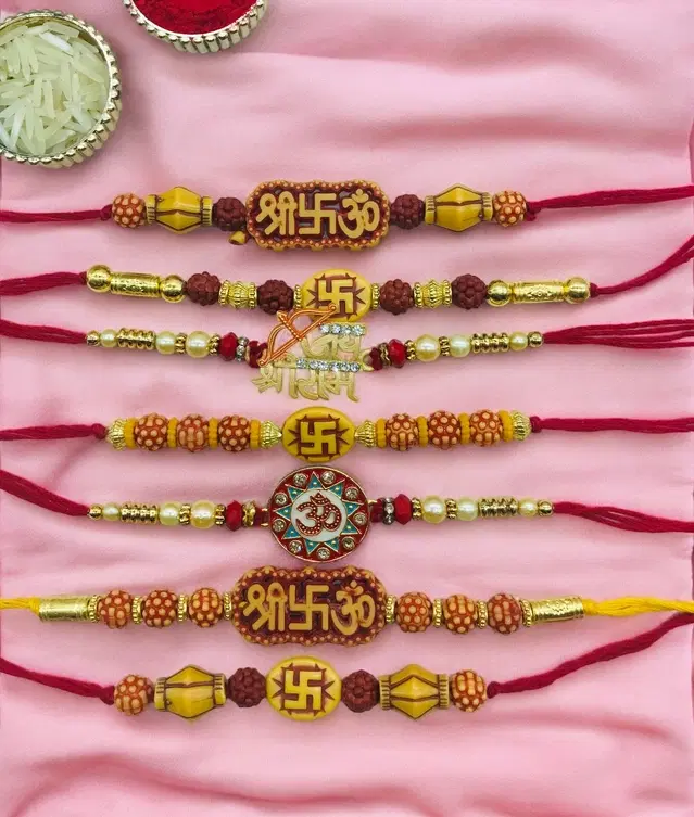 Handmade Designer Rakhi with Roli Chawal, Multicolor, Pack of 7