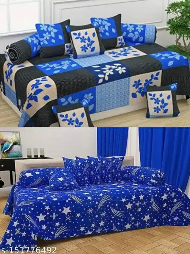 Polycotton Diwan Cover Set, Blue, Combo of 2