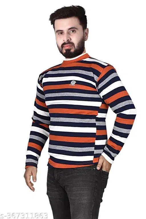 Woolen Striped Sweater for Men (Orange, M)