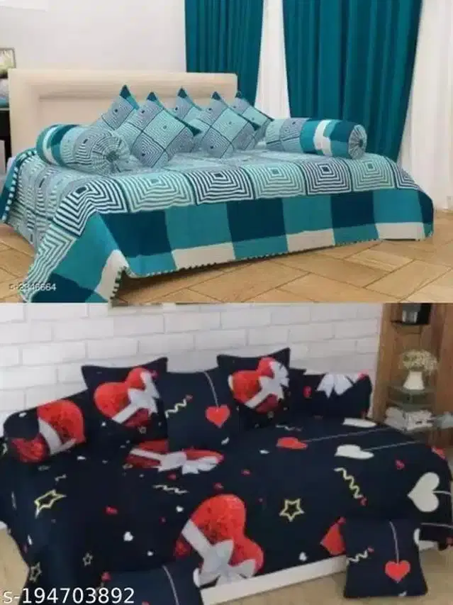 Polycotton Diwan Cover Set, Teal & Black, Combo of 2