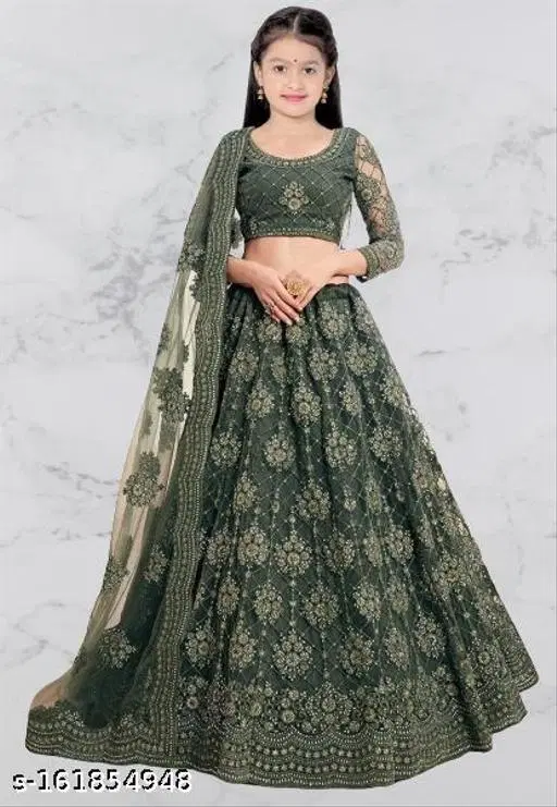 Embroidered Lehenga Choli for Women (Green, 13-14 Years)
