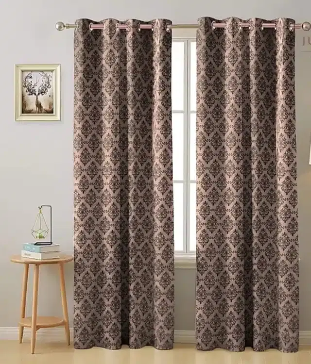 Polyester Checkered Window & Door Curtains, Pack of 2, Brown, 5 feet