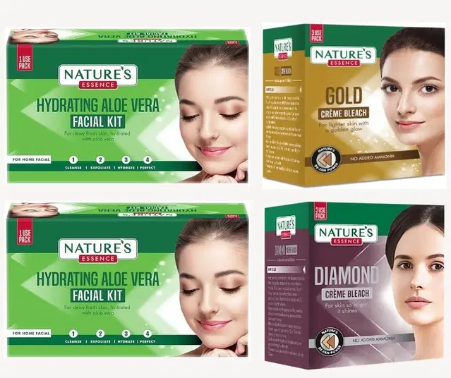 Combo fo Nature's Essence 2 Pcs Hydrating Aloe Vera Facial Kits, 20 g with Gold, 48 g & Diamond, 48 g Bleach Cream, Set of 4