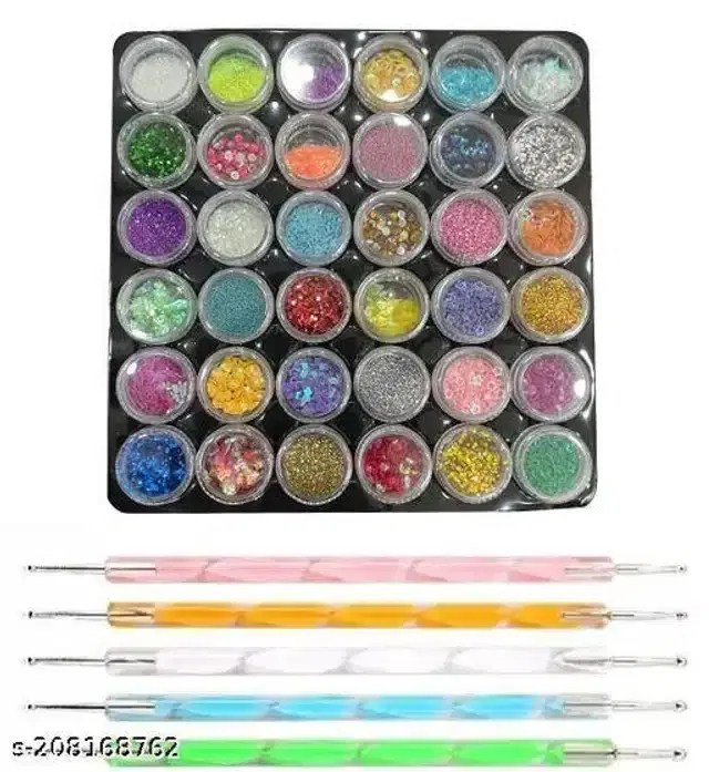 , 36 Pcs Glitter with, 5 Pcs Nail Art Dotting Tools, Multicolor, Set of 2