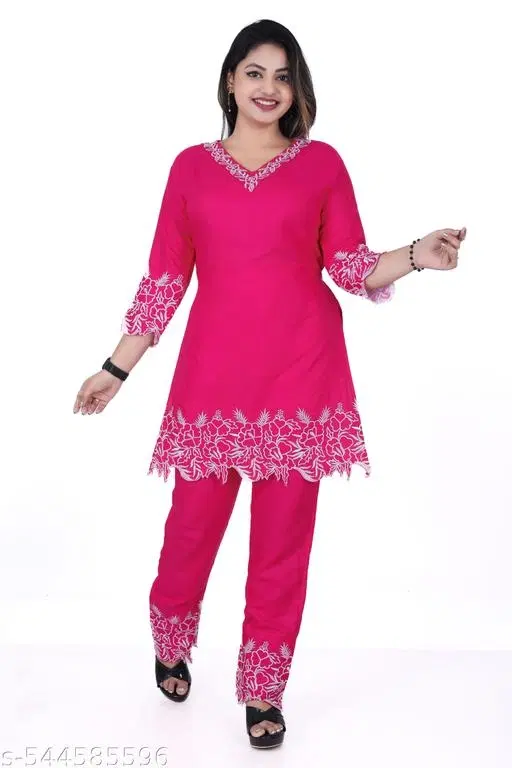 Rayon Embroidery Kurta With Bottom wear for Women (Pink, L)