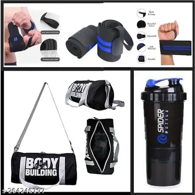 Combo of Gym Bag with Shaker Bottle, 600 ml, Wrist Support Bands, Multicolor, Set of 3