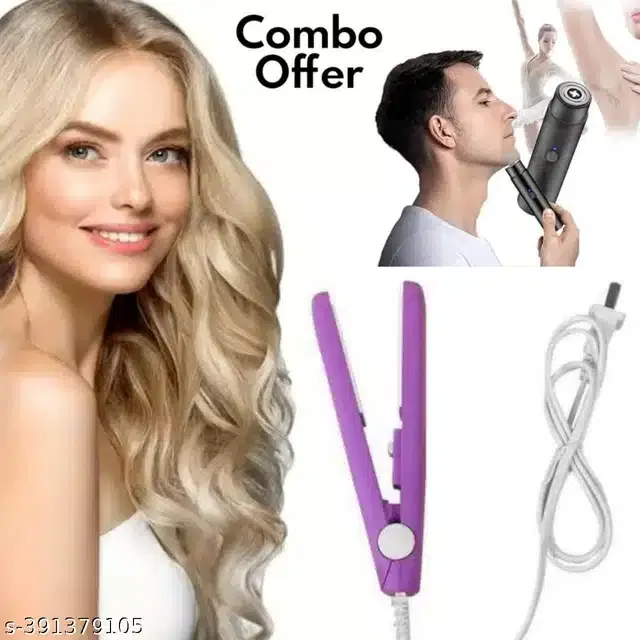 Mini Hair Straightener with Portable Electric Shaver for Men & Women, Multicolor, Set of 2