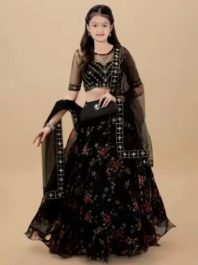 Net Embroidered Semi Stitched Lehenga for Girls (Black, 9-10 Years)