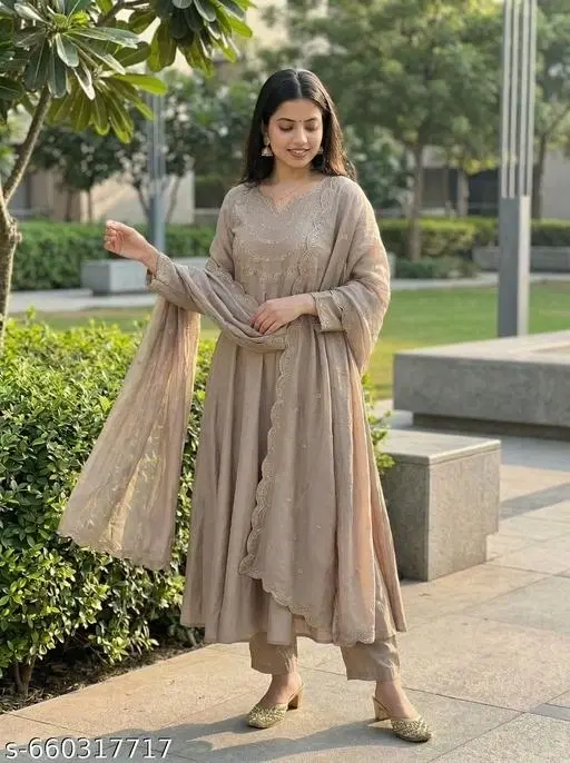 Embroidered Vichitra Silk Anarkali Kurta Set for Women ( Khaki,S )