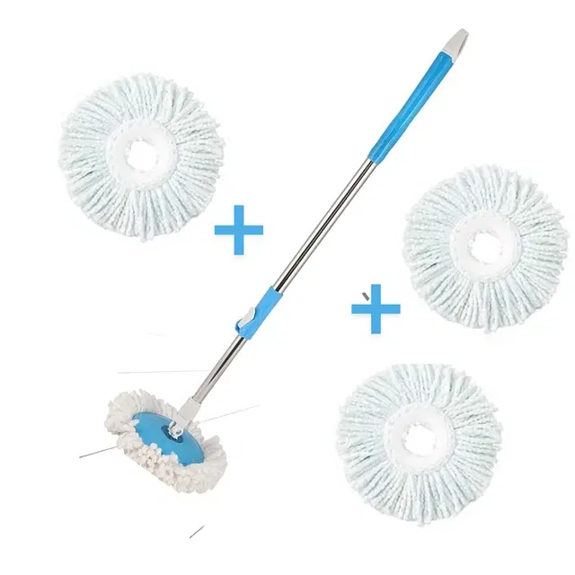 Bzore Durable Stainless Steel Replacement Handle for Easy Floor Cleaning Spin Mop Rod Set with 3 Pcs Refill, Blue & Silver, Set of 4