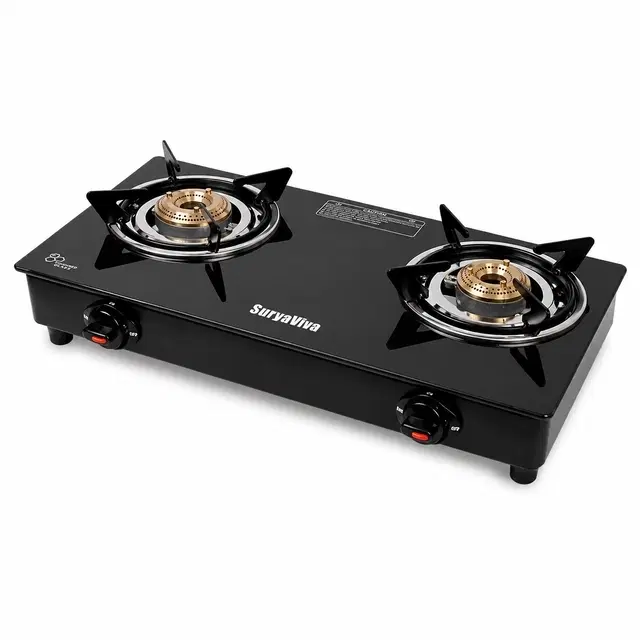 SuryaViva Photon 2B BK Toughened 2 Cast Iron [Black] Glass Manual Gas Stove [2 Burners]