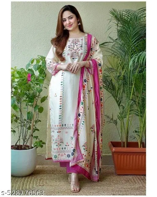 Floral Printed Muslin Embroidered Kurta Set with Dupatta for Women (White, M)