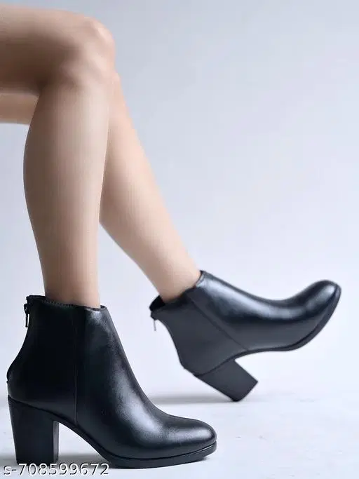 Shoetopia Synthetic Block Heeled Boots Black IND-3