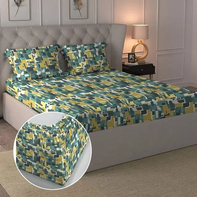 myTrident Urban Comfort 144Tc 100% Cotton Fitted (Elastic) Bedsheet 72x78in Yellow Abstract