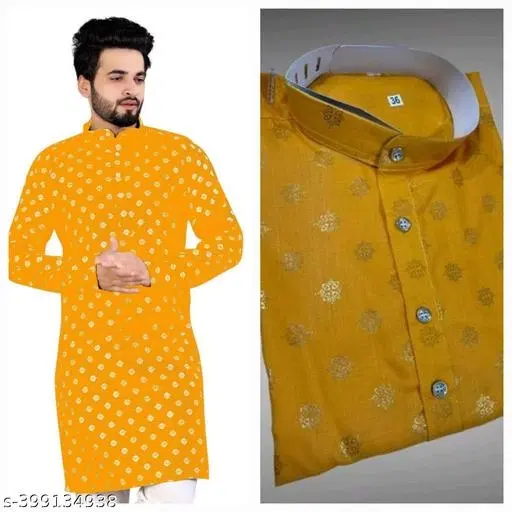Regular Ethnic Motif Show Button Cotton Mandarin Neck Long Sleeves Knee Length Kurti (Yellow, S)