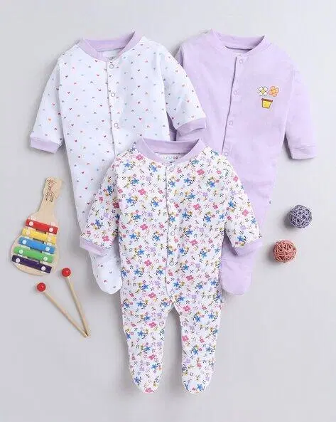 Hosiery Cotton Printed Rompers for Kids, Multicolor, Pack of 3 (3-6 Months)