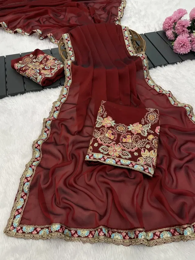 Crepe Solid Saree for Women, Maroon (6.3 m)