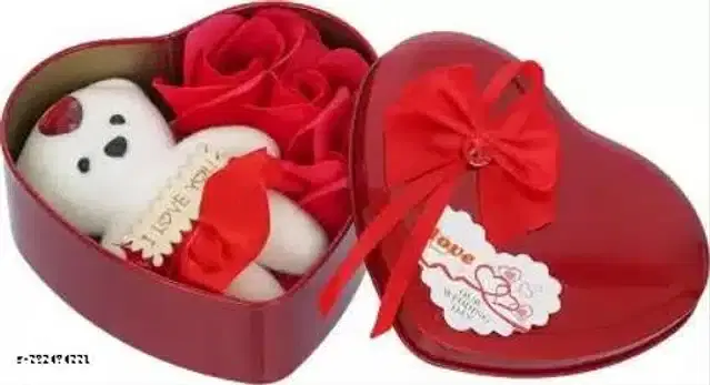Metal Scented Rose Flower with Teddy Bear Gift, Red