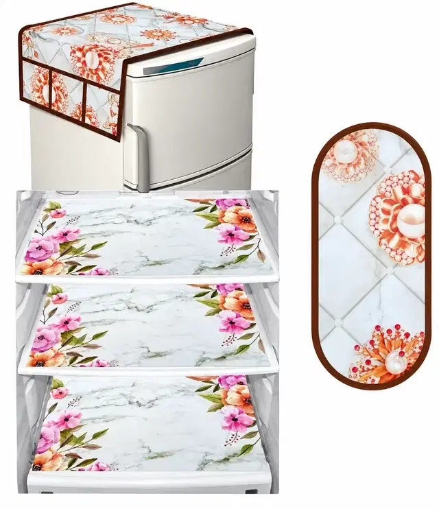 Waterproof Fridge Cover, With 3xFridge Mat And 1 xHandle Cover Pack Of 5 White/Brown Multi Flower