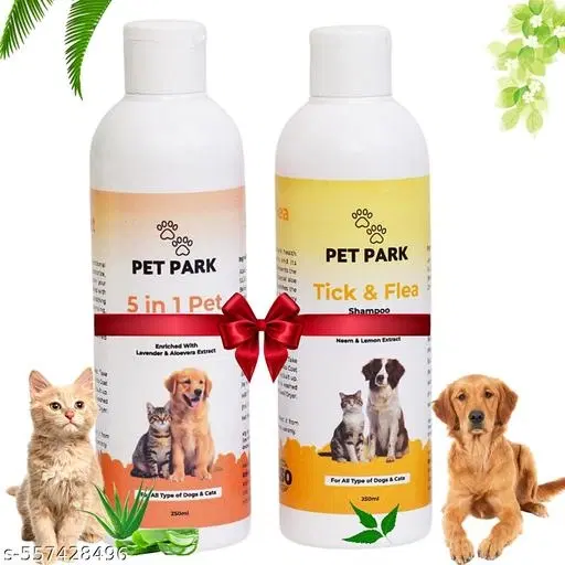 Pet Park (Combo of 2) 5 IN 1 Shampoo & Conditioner (250 ML) + Anti-Tick & Flea Shampoo (250 Ml) |Enriched With Lavender, Aleovera, Neem, Lemon & Grapes Seed| Anti-Tick & Flea, Anti-Itch, De-Shed Control Shampoo For All Type of Dogs & Cats.