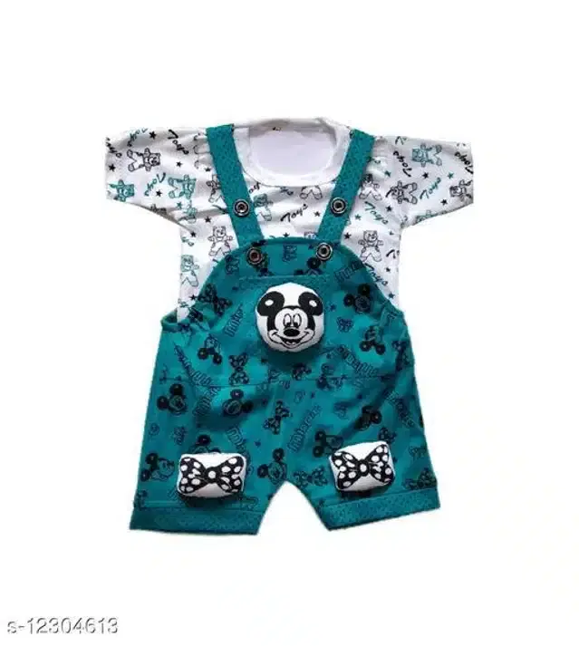 Dungaree Set with T-Shirt for Newborn Baby Boy (White & Blue, 9-12 Months)