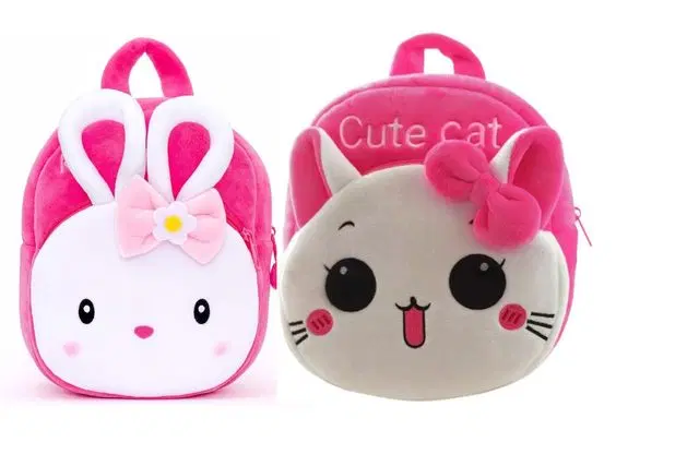 Heaven Decor Naughty And Cute Cat Velvet Soft Plus Kidds School Bag Combo, A071
