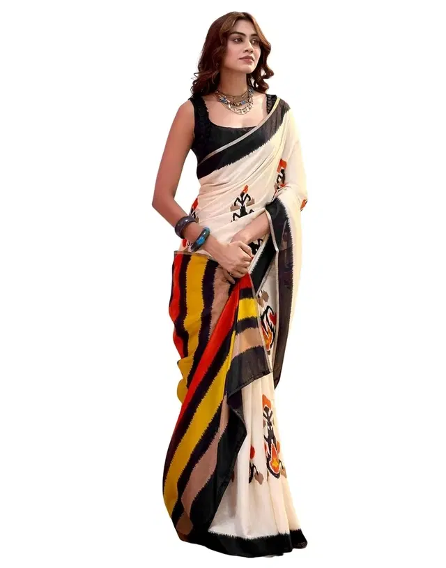 Assam Art Silk Saree for Women (Cream, Free Size)