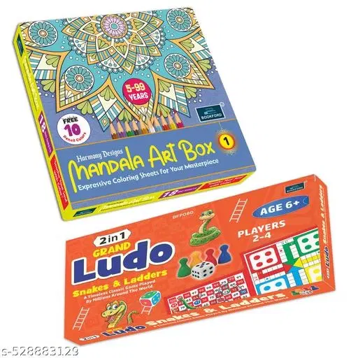 Harmony Mandala Boxx Part 1 + 2 in 1 Grand Ludo Snakes & Ladders – Classic fun meets calming creativity in this perfect combo of mindfull art and timeless play!