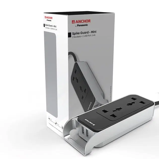 Anchor By Panasonic 6a Extension Board With Handle, 2 Sockets + Usb 2.4a, 1.5m Cable (Black And Silver, 240 Volts) (22074)