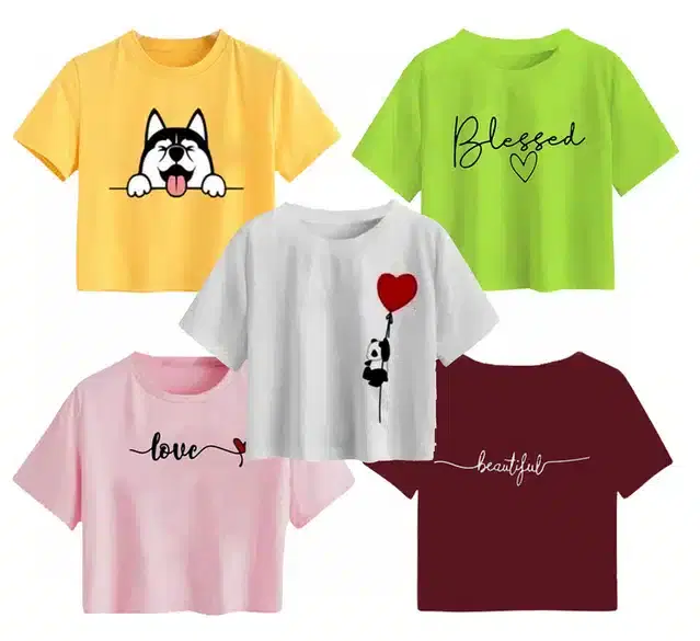 Cotton Printed Crop Tops for Girls, Pack of 5 (Multicolor, 13-14 Years)
