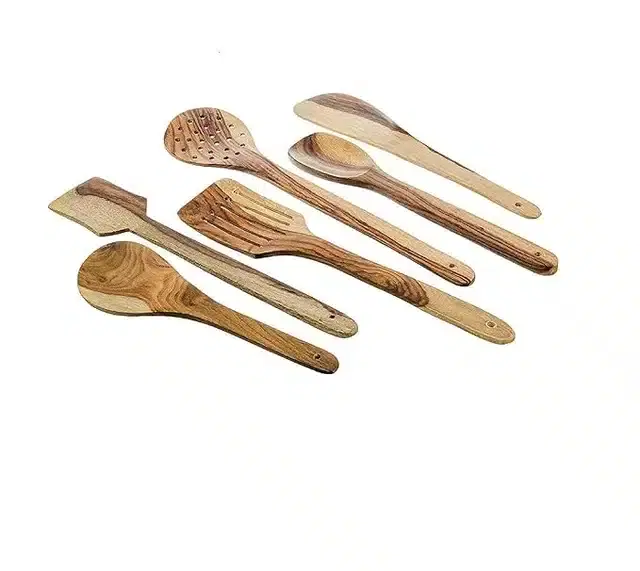 Wooden Cooking & Serving Spoons, Brown, Set of 6