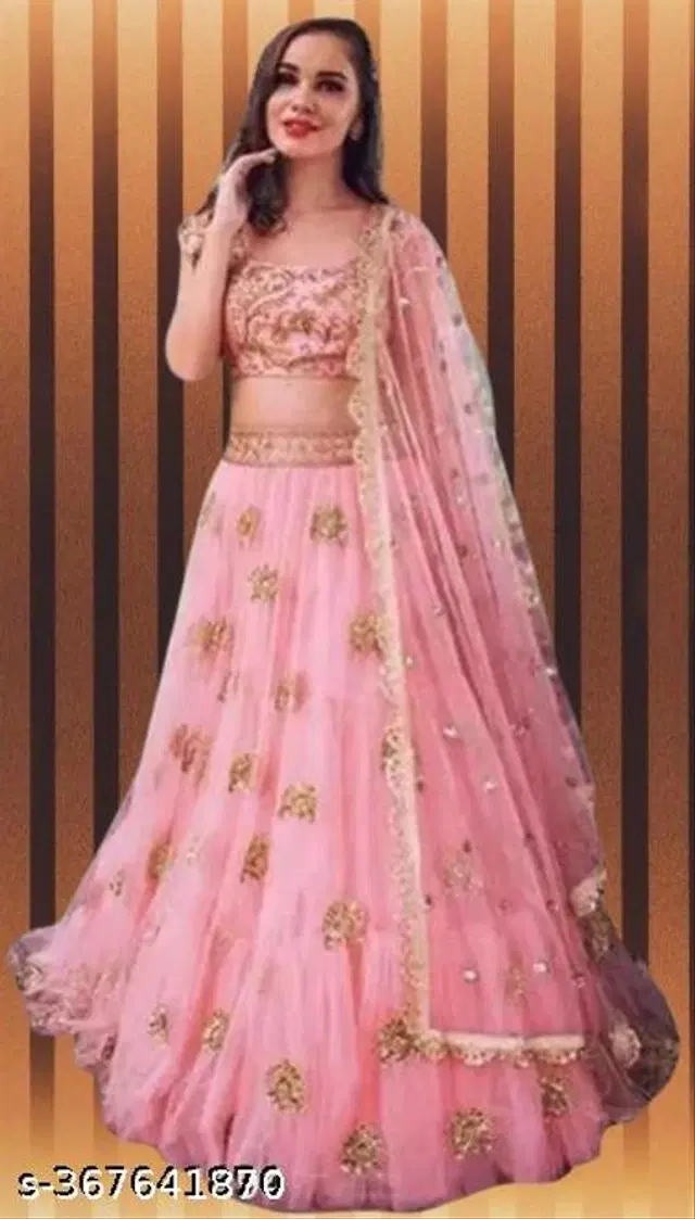 Net Lehenga with Choli & Dupatta for Women (Pink, Free Size)