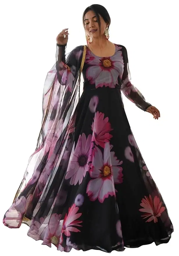 Georgette Printed Gown with Dupatta for Women (Purple & Black, S)