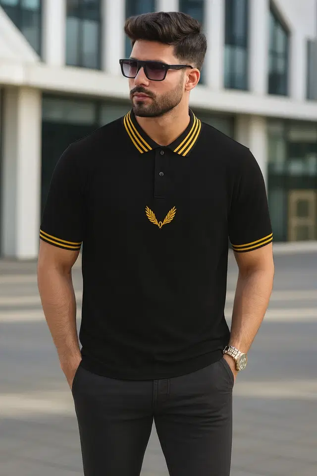 Cotton Blend Embroidered T-Shirt for Men, Black (2XL)